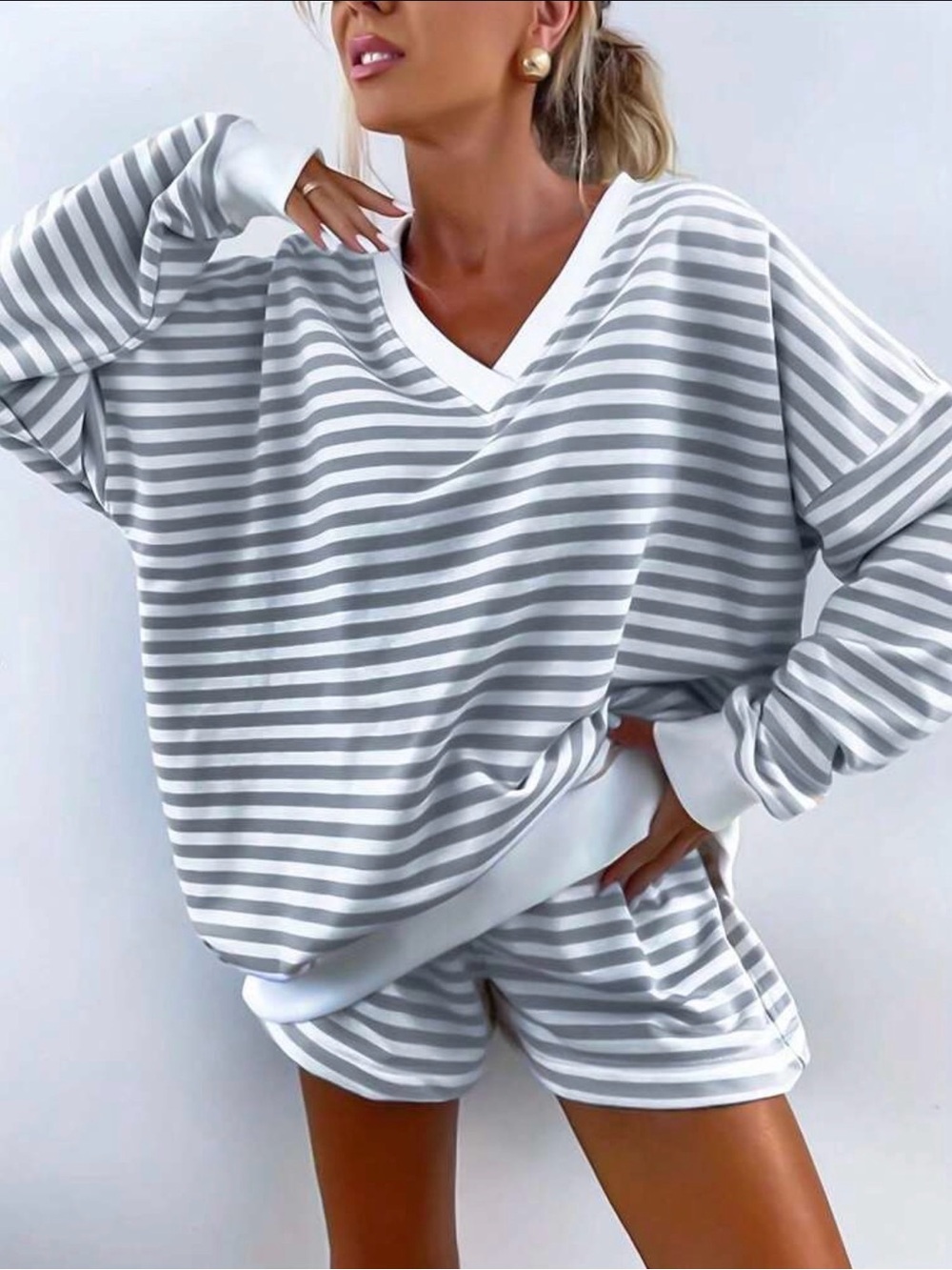 Striped V-Neck Lounge Set - Gray & White